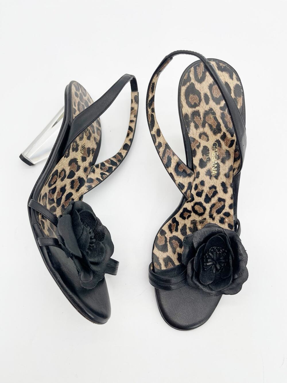 Dolce & Gabbana Vintage Y2K Black Flower Lucite Heel Slingback Sandals IT 37.5